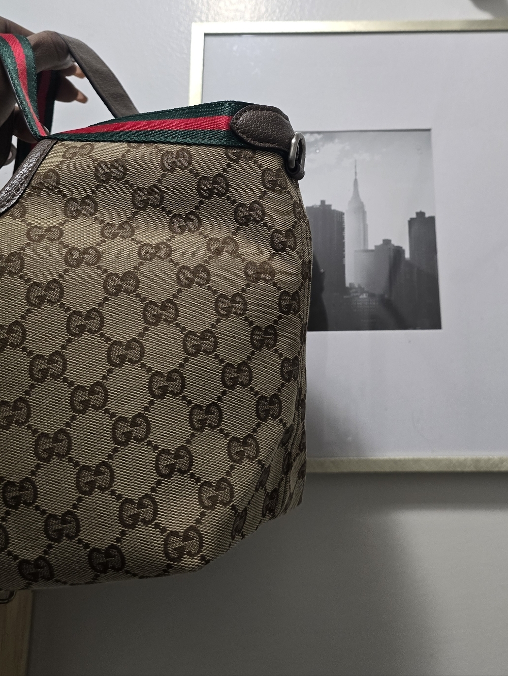 Canvas Cotton Supreme GIG Small Tote w/ Green/Red Stripe Brown LeatherTrim/strap - Picture 14 of 16
